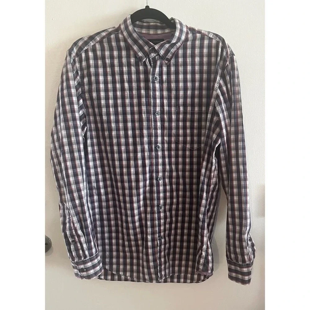 Banana Republic Mens Large 16-16.5 Plaid Button Down‎ Shirt Navy Red White